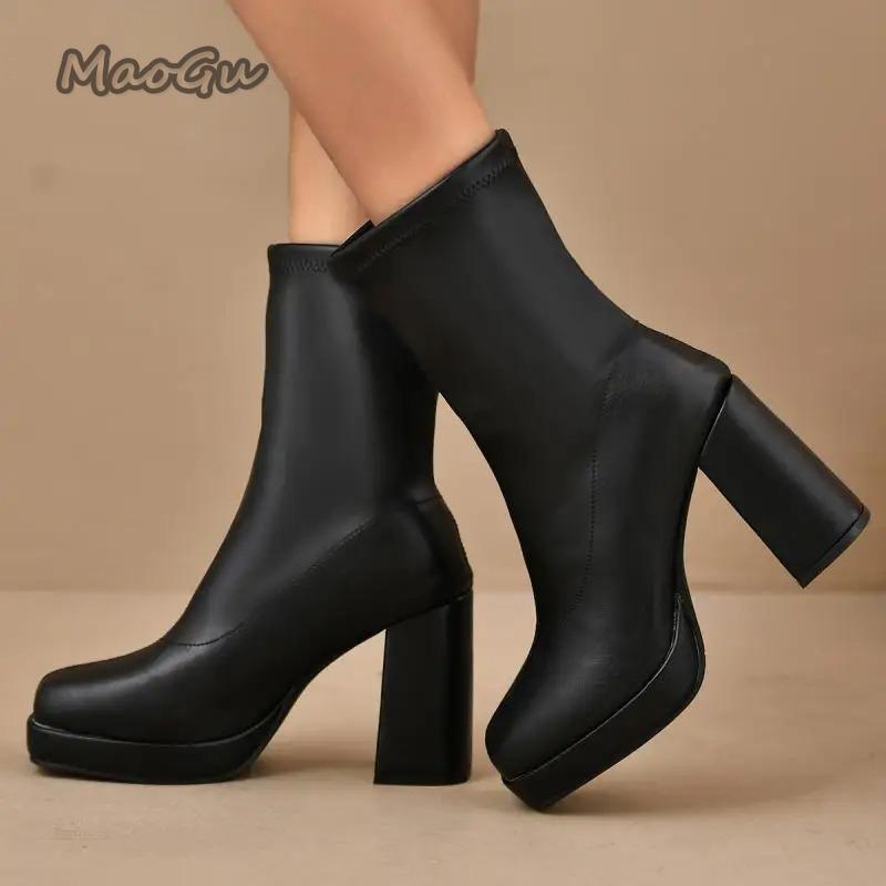 

Fashion Pu Black Mid Calf Boots Women Elegant Square Toe High Heel Chelsea Boots Botas Para Mujer Slip on Women s Botines 35