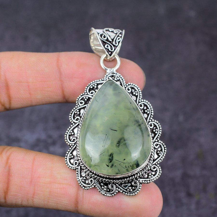 Naturalny kamień szlachetny Prehnit, ręcznie robiony wisiorek na prezent ze srebra próby 925, 2,48" L9U65