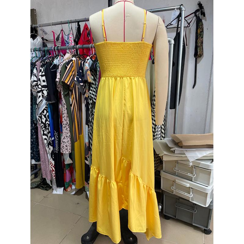 Módní sexy šaty bez rukávů pro ženy, letní prázdninové šaty s odhalenými zády a střihem, ležérní dlouhé šaty pro ženy, vintage nepravidelný vysoký pas, žluté šaty 26205