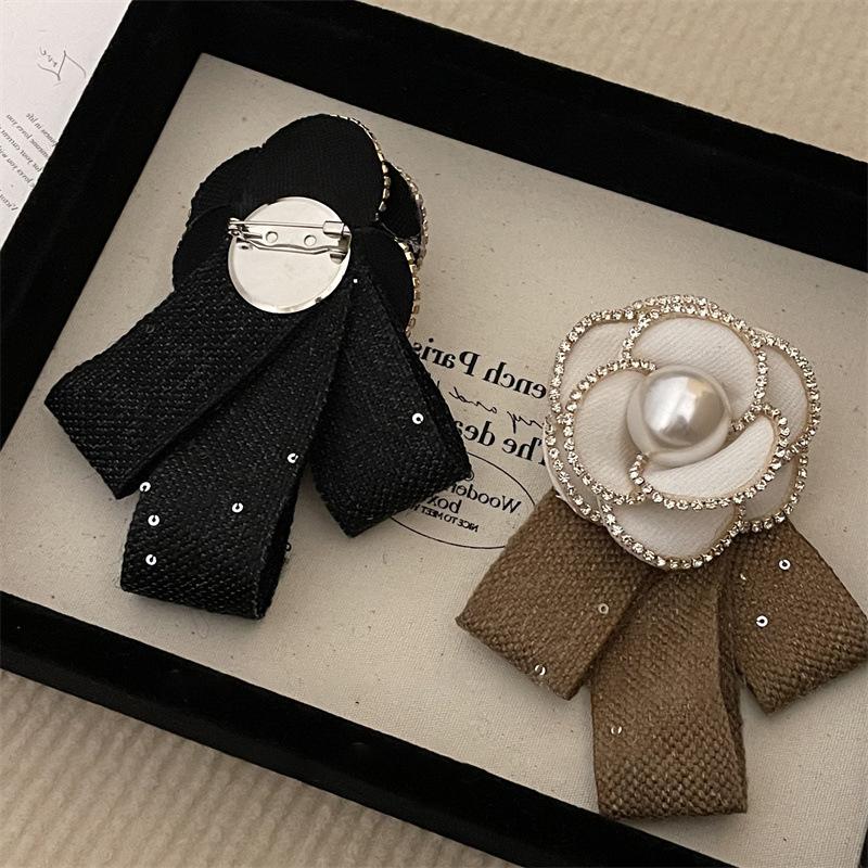 Small Fragrant Shiny Bead Bow Camellia Brooch Black Mourning Bow Tie Brooch