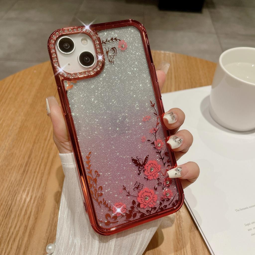 Suitable for Apple 16ProMax, Butterfly Ring Stand, Phone Case, Rhinestone, IPhone15 Electroplated Gradient Glitter Case