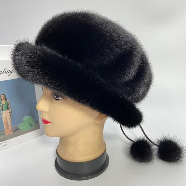 

Модный бренд Женские норковые шапки с помпонами Маленькие поля Фетровые шляпы Черные Роскошные Женские Качественные 100% Натуральный мех Уличная Новая Снежная шапка head size 55-62cm чёрный
