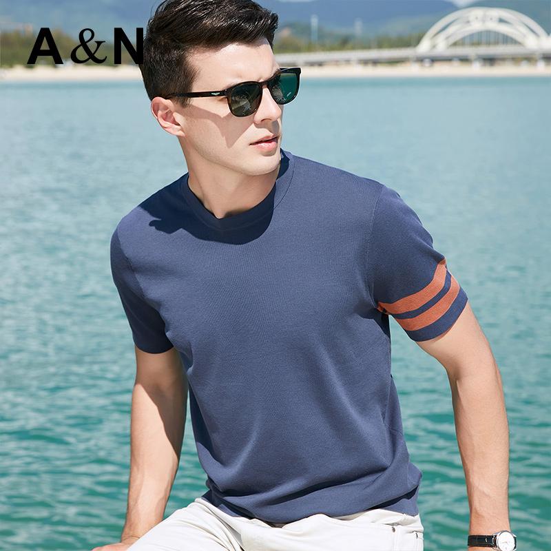 180 count pure cotton contrasting sleeve knitted round neck T-shirt for men in spring, soft and breathable casual base