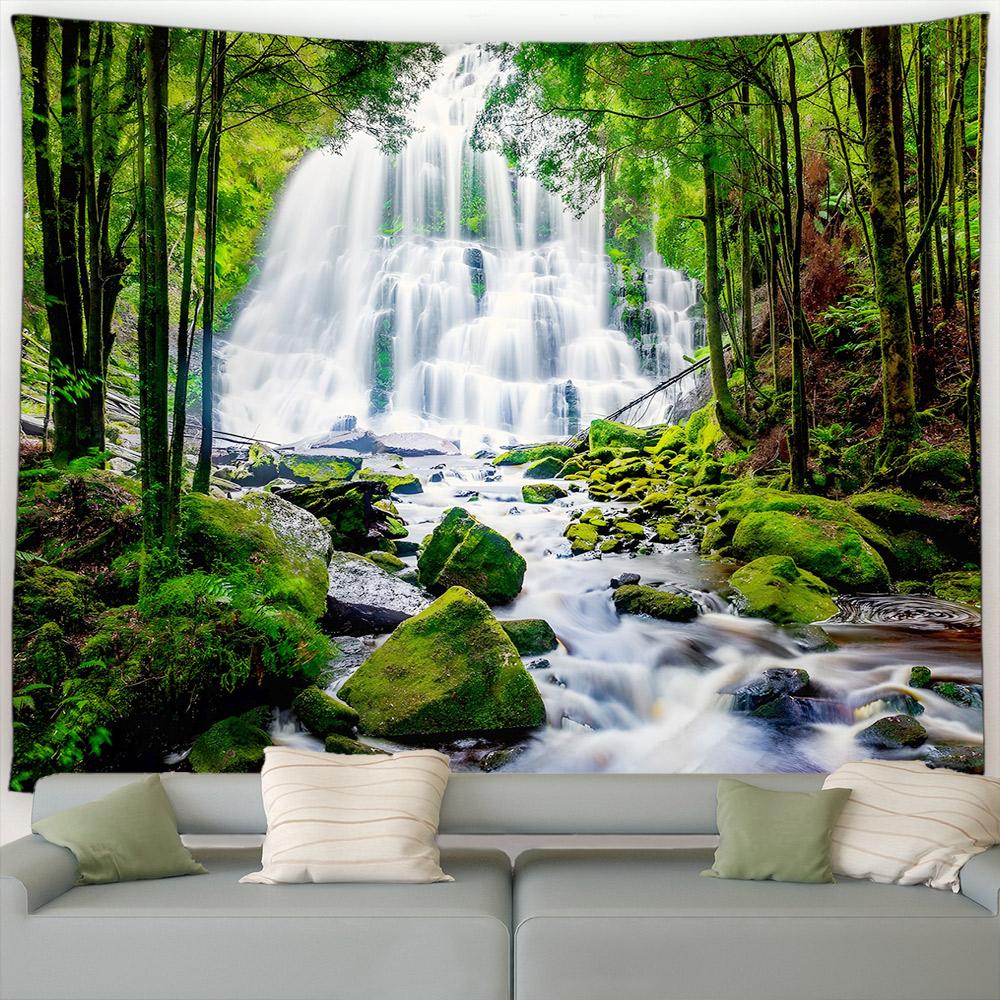 Grønne Påfuglblomster Tropisk Plante Fosslandskap Hage Veggoppheng Hjem Stue Dekorasjon Skogslandskap Gobelin