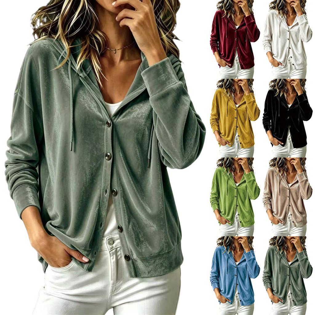 Women's Button Down Hooded Cardigan Long Sleeve Loose Fit Color Casual Top