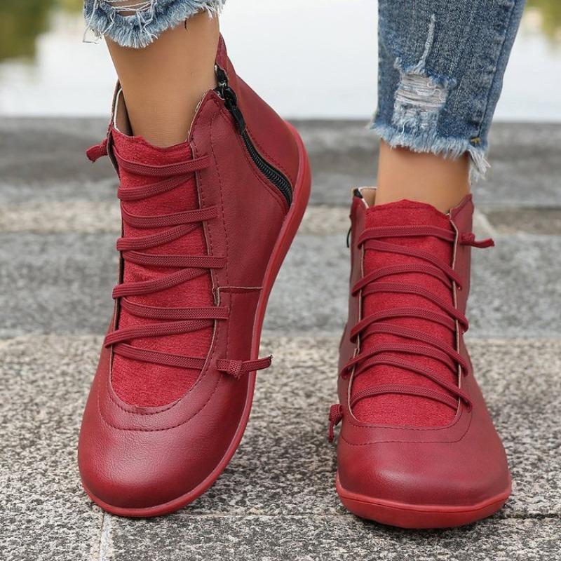 Fashion Women's Flat Single Boots Spring New Round Head Front Lacing Soft Sole Anti-slip Wear-resistant Short Boots