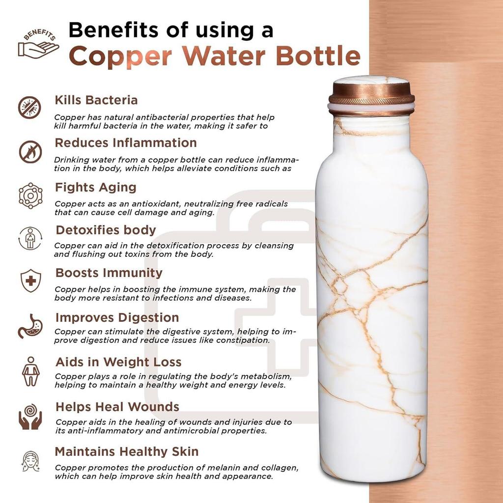 Copper Water Bottle 1 Litre Alkaline and Anti Oxidant 100% Leak Proof, Office, Modern Tamba Bottle  (White Golden Marble)