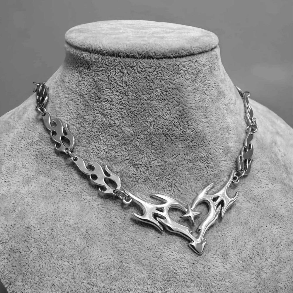 Hip Hop Personality Sliver Color Hollowed-out Flame Totem Heart-shaped Cross Thorny Chain Collar Necklace for Women Men Jewelry