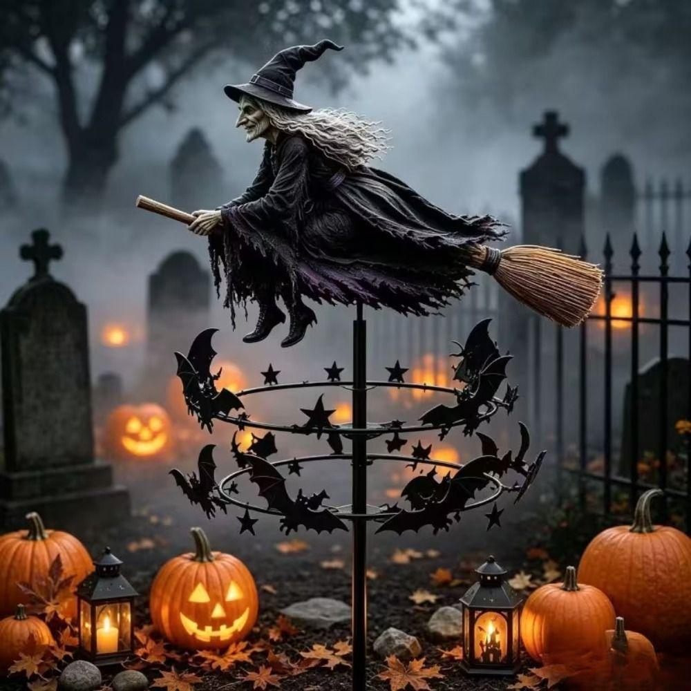 Witch and Bat Pattern Halloween Witch Garden Windmill Halloween Yard Art Outdoor Decor Metal Outdoor Garden Stake Decoration