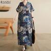ZANZEA Womens Vintage Short Sleeve Floral Print Casual Long Dress