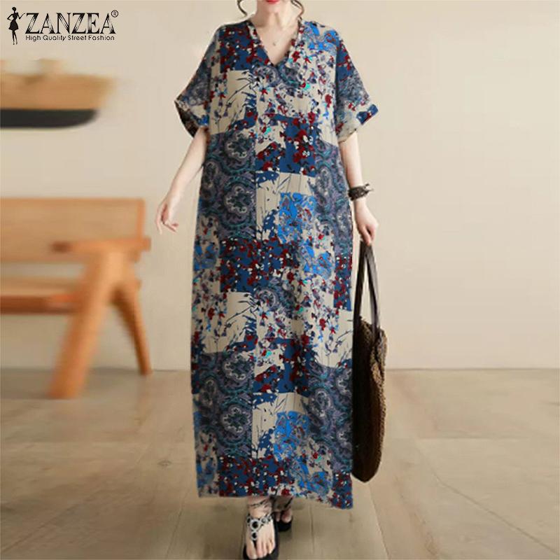 ZANZEA Womens Vintage Short Sleeve Floral Print Casual Long Dress