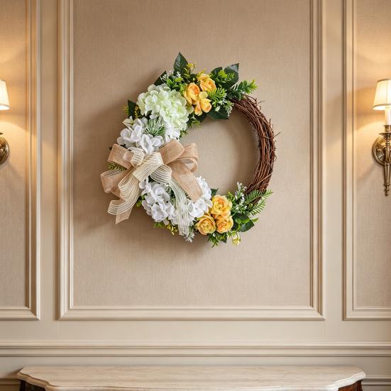 Spring Rattan Wreath Artificial Hydrangea Rose Wreath for Front Door Lifelike