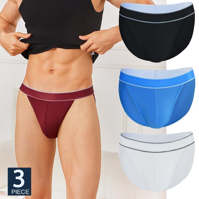 FINETOO 3Pcs/Set Men's Seamless Briefs Low-rise Sexy Underwear Stripes Breathable U-Convex Pouch Underpants Bikini Man Panties