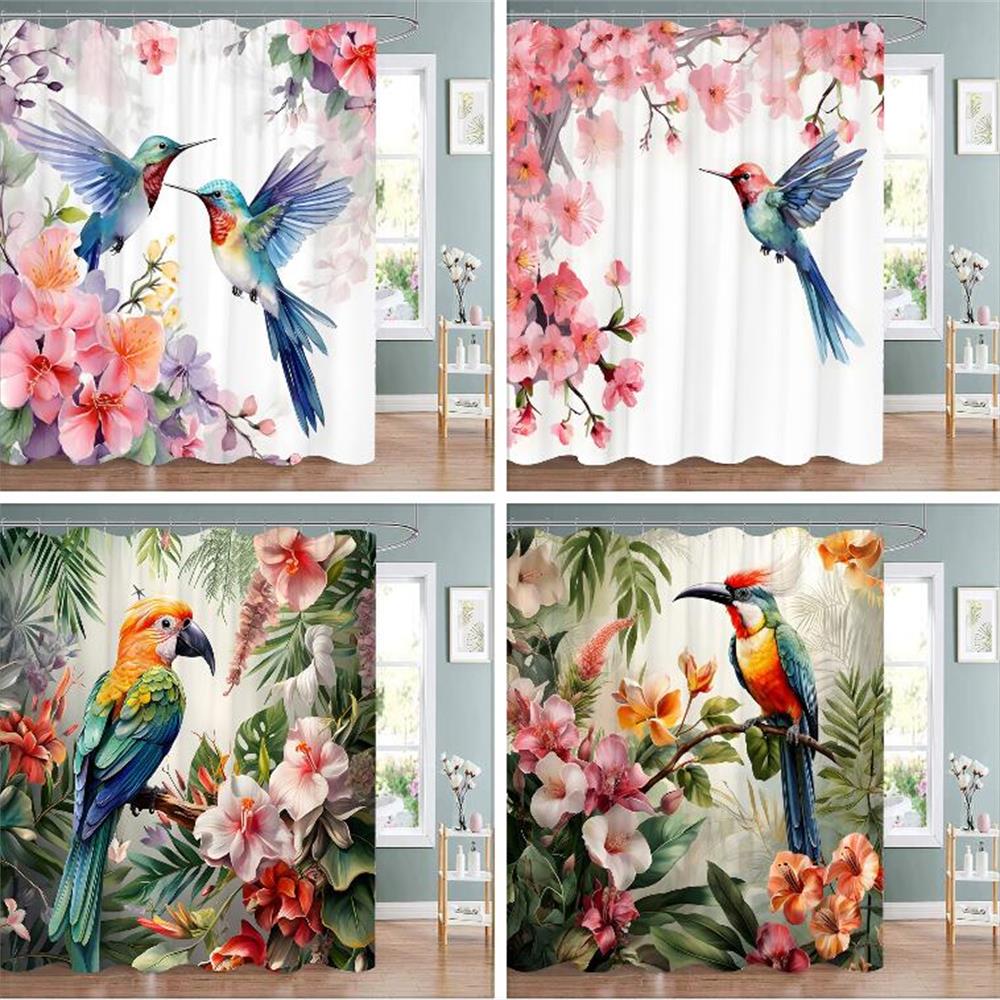 Tropical Plant Parrot Shower Curtain Watercolour Monstera Palm Leaf Birds Pink Floral Green Leaves Bathroom Curtains Home Decor