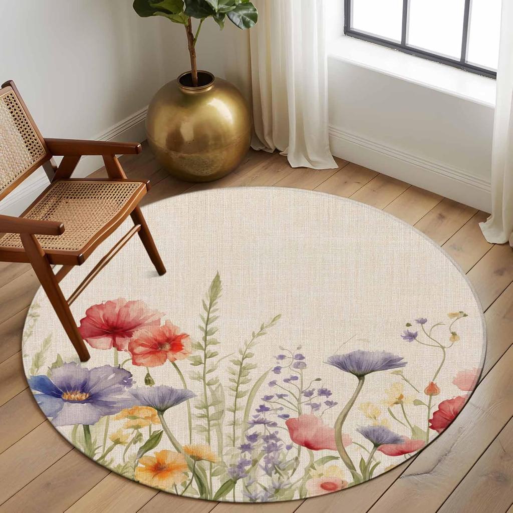 Rundteppich im rustikalen Stil mit Aquarellblumen, künstlerische botanische Heimdekormatte, saugfähiger, rutschfester Teppich für Wohnzimmer, Schlafzimmer