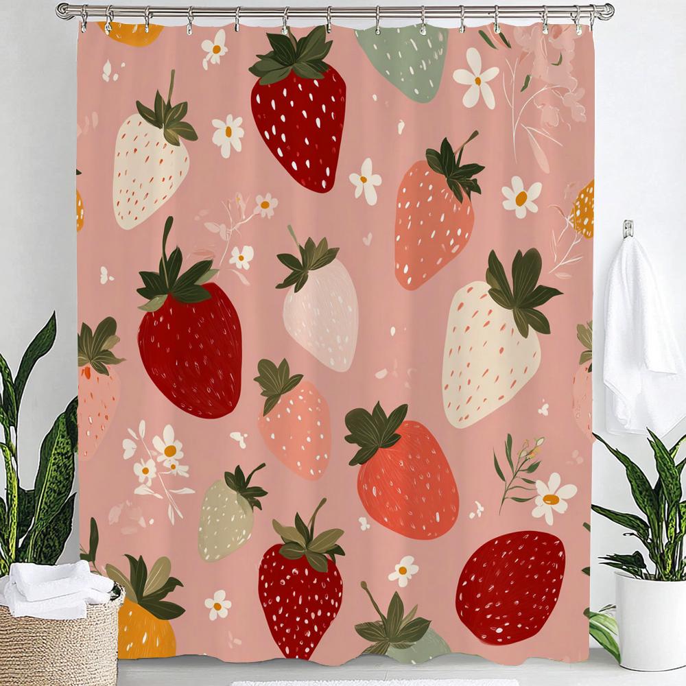 Small Fresh Fruit Strawberries Printed Shower Curtain Bathroom Curtain,Hanging Curtain With 12 Hooks Decoration Machine Washable