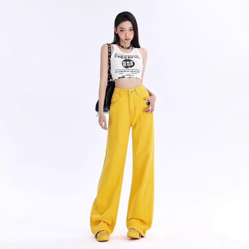 

Women s High-Waist Yellow Wide-Leg Jeans with Free Embroidery Label Extra Large