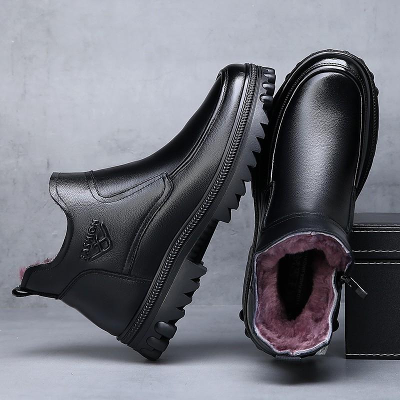 Mens Winter Warm Leather Slip-On Boots With Real Sheepskin Lining Thick Sole Casual High-Top Cold Weather