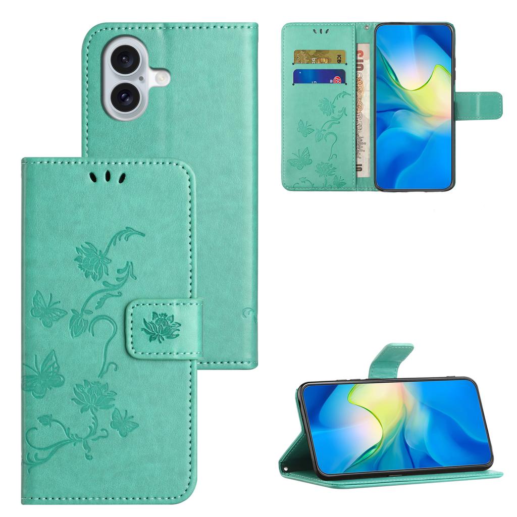 For iPhone 16 Plus Case PU Leather Wallet Phone Cover Butterfly Flower Pattern