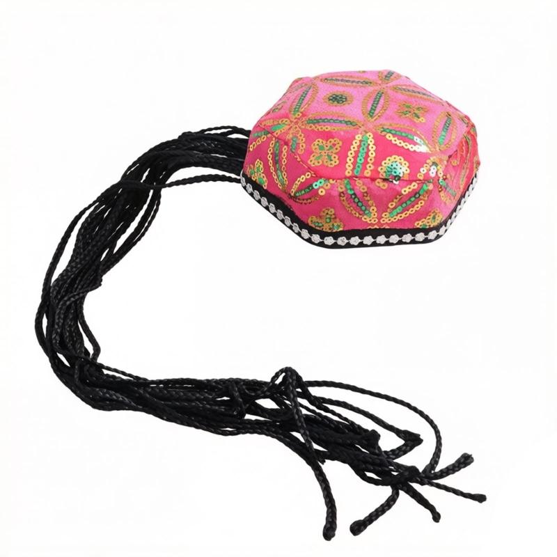 Elegant Beret Cap with Decorative Braids And Sequined Flower Decors Uyghur Hat For Stage Performances and Cultural Event