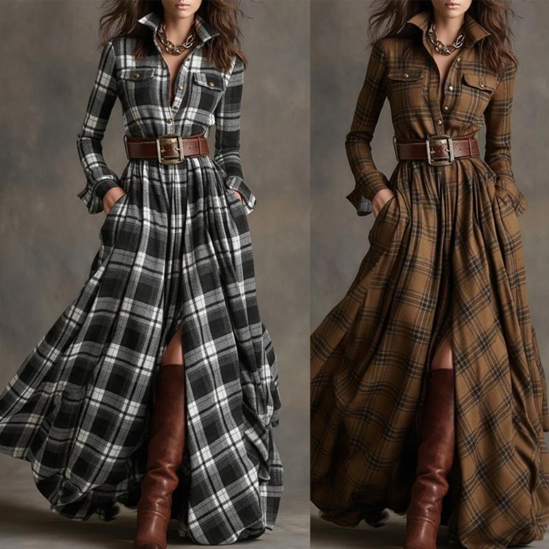 Stylish Irregular Grid Dress Comfortable Polyester Casual Ruffled Shirt Dress for Everyday Use Event and Outings
