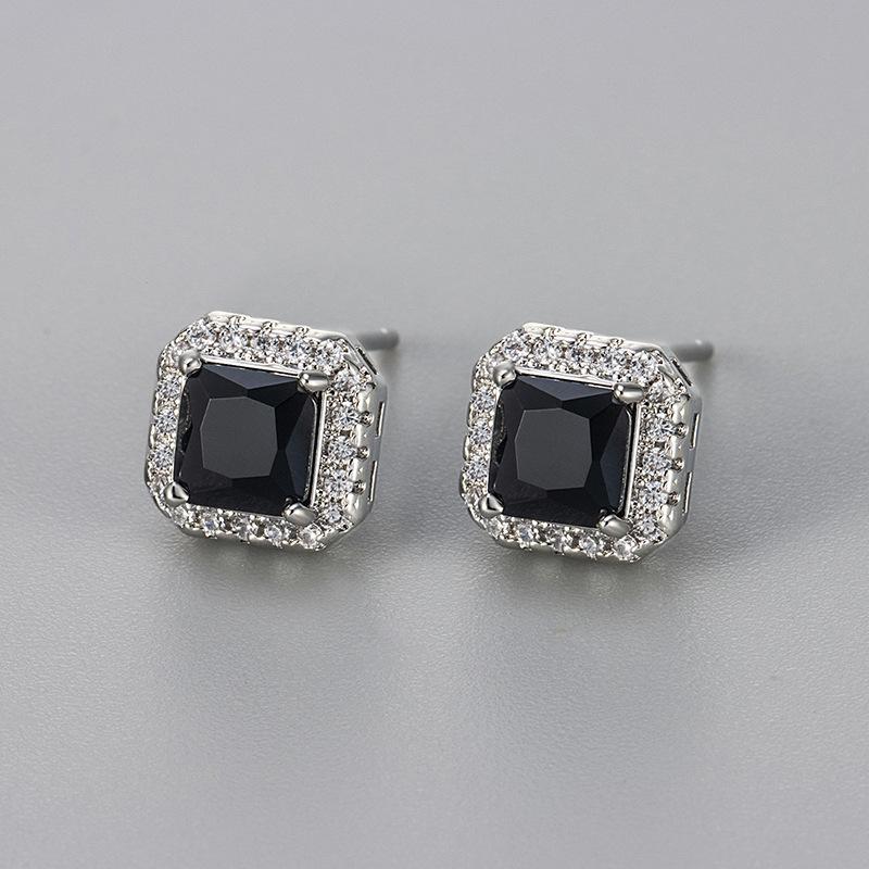 Classic Luxury Shining Zircon Square Color Imitation Gemstone Stud Earrings for Women Trendy Exquisite Stainless Steel Jewelry