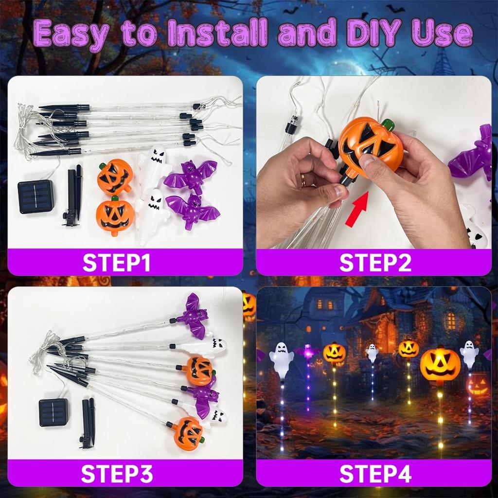 Halloween Solar Powered 8 LED Pumpkin Bat Ghost Garden Stake Light Outdoor Landscape Lamp For Home Yard Halloween Decor