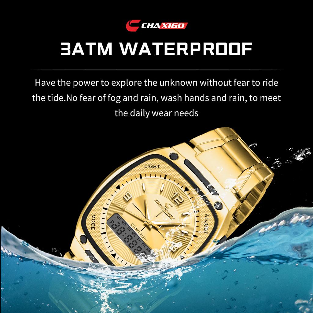 שעון יד אנלוגי לגברים עם תצוגה כפולה, רצועת נירוסטה, מחוגים זוהרים, עמידות למים 30 מ', שעון קוורץ