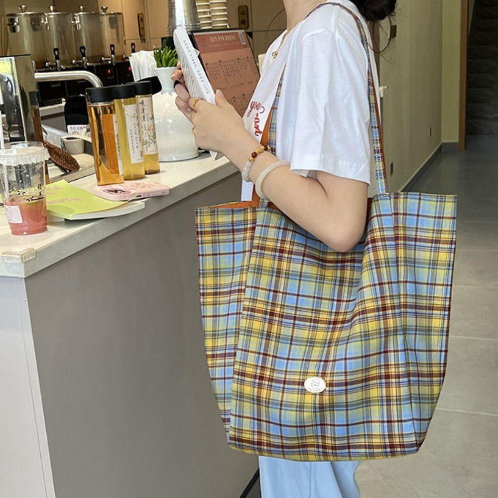 Japanese Style Plaid Canvas Tote Bag Leisure Lattice Handbag Double Sided Shoulder Bag  Student