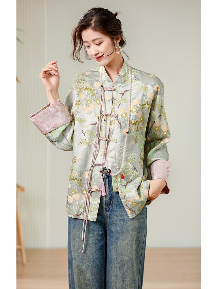 Spot! 32 Momme Mulberry Silk Jacquard Jacket with Frog Button - Tang Suit Style