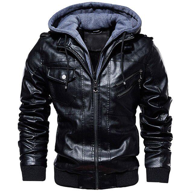 Autumn Winter Hooded Jacket Men Hat Detachable Motorcycle Biker Jackets Casual Pu Leather Coat