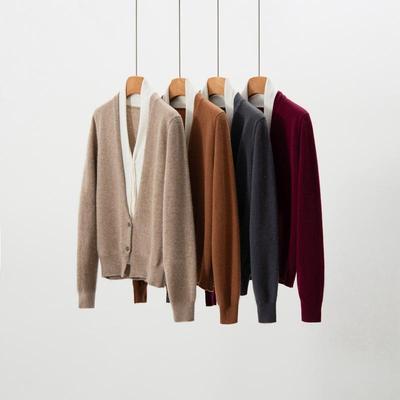 Cashmere Women's V-neck Two-tone Faux Layered Knit Sweater Cardigan for Autumn/Winter 2025