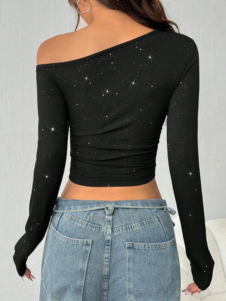 Women's Off-Shoulder Rhinestone Waist-Cinching Long-Sleeve Top
