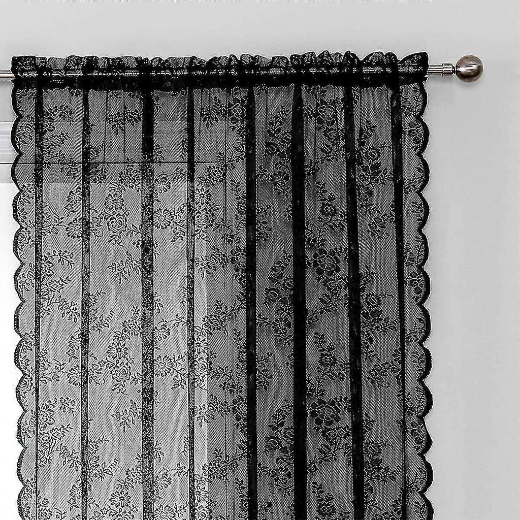 Black Lace Christmas Curtains For Bedroom 100*200cm Vintage Floral Embroidered Sheer Voile Window Sets Durable Rose Lace Fabric Rod Pocket Curtain Dra
