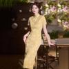Yellow Vintage Chinese-Inspired Long Cheongsam Dress Women Short Sleeve Retro Daily Wear Bamboo Linen Blend