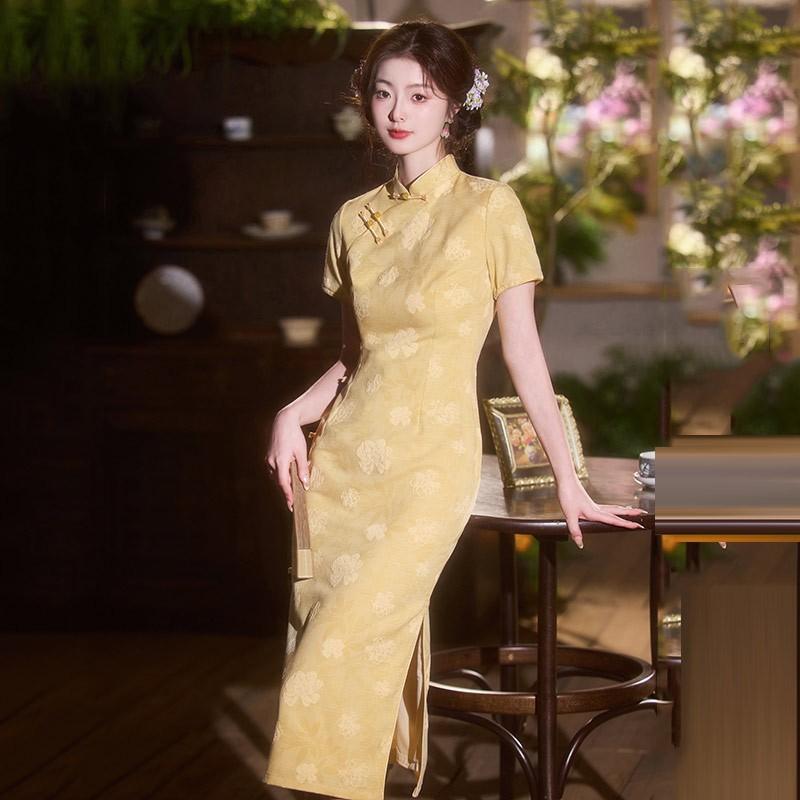 Yellow Vintage Chinese-Inspired Long Cheongsam Dress Women Short Sleeve Retro Daily Wear Bamboo Linen Blend