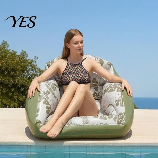 Inflatable Water Chair Pool Lounge with Cup Holder, Tropical Leaf Print Blow-up Float Holder Sofa for Adults, Swimming Party Beach Lake Essentials