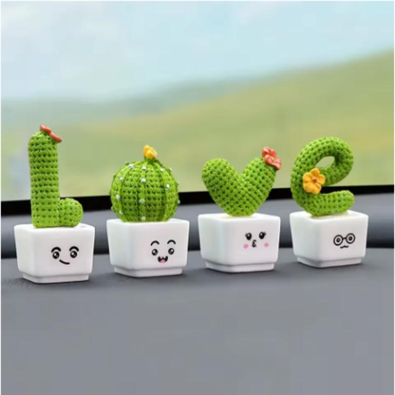 Mini resin cactus green plant car office home living room crafts decoration 1 set of 4 pieces