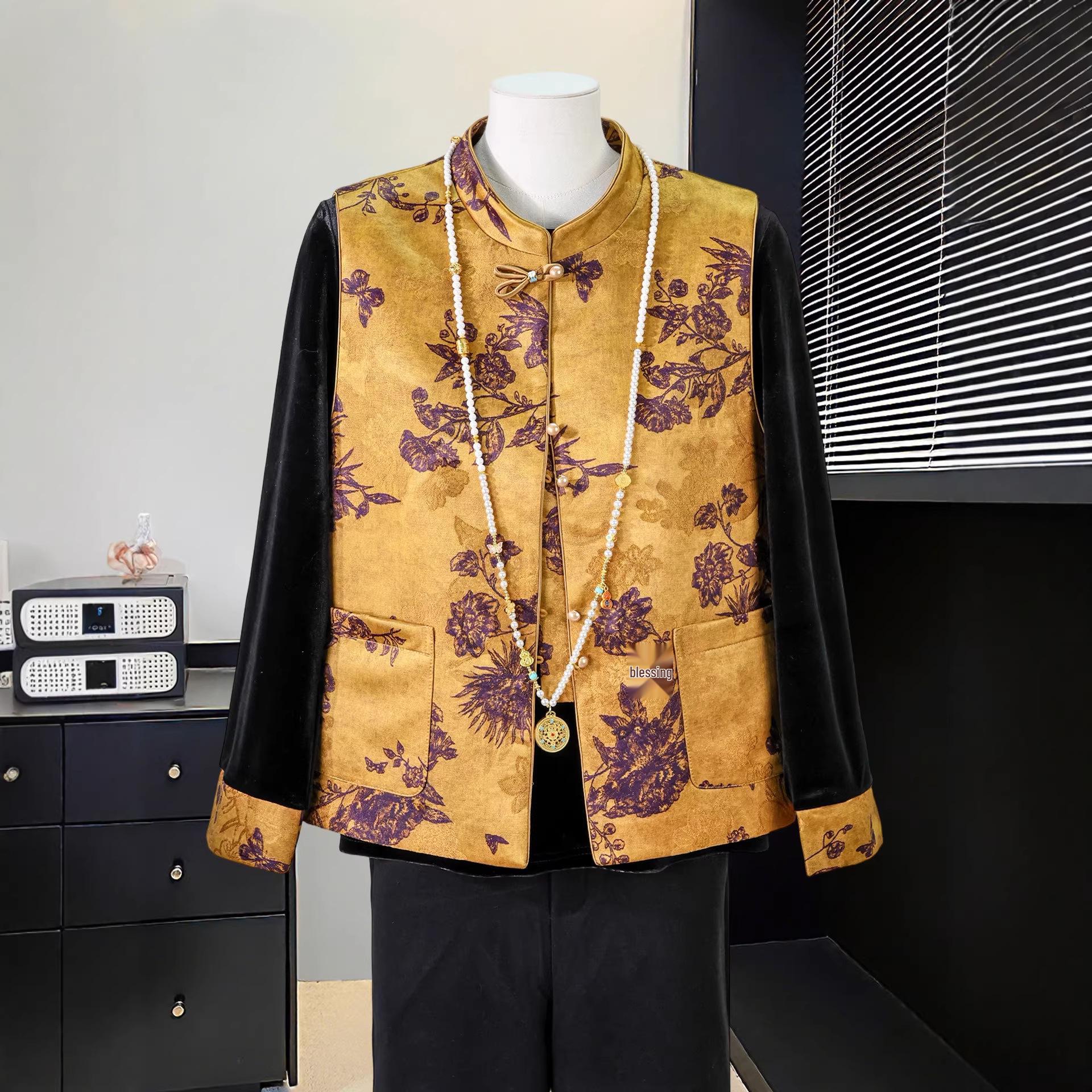 

Mom s Chinese Style Velvet Vest Top and Pants Set - Elegant Spring/Autumn Wear for Mid-Aged Women XL (for 51-59 kg)