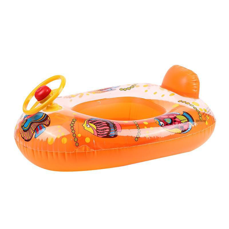 Cartoon Inflatable Swimming Ring Car with Horn & Steering Wheel for Ages 1-3