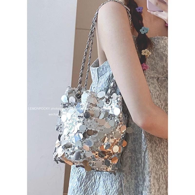 French Niche Sequined Bag Women's Summer 2025 New Fashion Bucket Bag Chain Underarm Bag Messenger Bag
