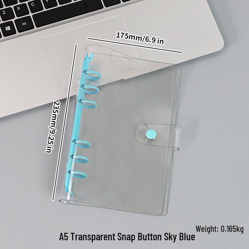 A5/A6 Transparent PVC Ring Binder Planner Cover with Snap Button and Multi-color Six-Hole Metal Clip