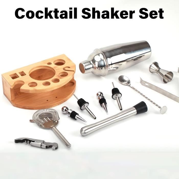 Ensemble de cocktails - Inox - 12 pièces - Support en bois - 750 ML - Durable et polyvalent
