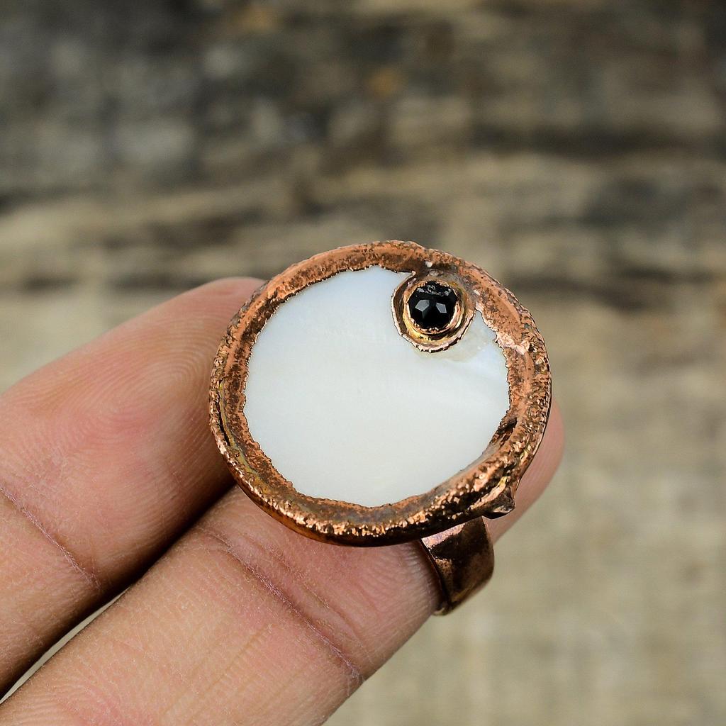 Mother Of Pearl Ring Electroformed Copper Jewelry Black Onyx Ring Adjustable Rings Gemstone Jewelry Electroformed Copper Ring Handmade Ring