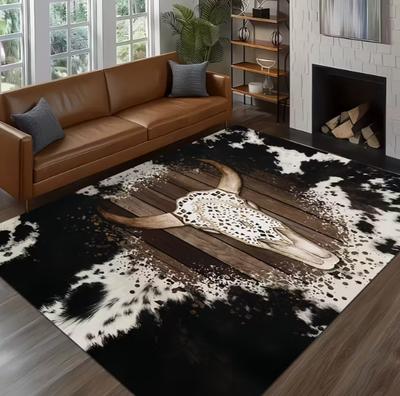 Cow Head Retro Carpet Washable Carpet Living Room Coffee Table Carpet Bedroom Doormat Dining Room Area Carpet Room Decoration