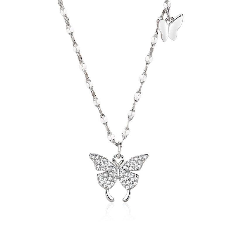 OAHLAN Fashion Luxury Jewelry Rhodium Plated Butterfly Shaped Diamond Inlay S925 Sterling Silver Necklaces for Women 18inches серебряный