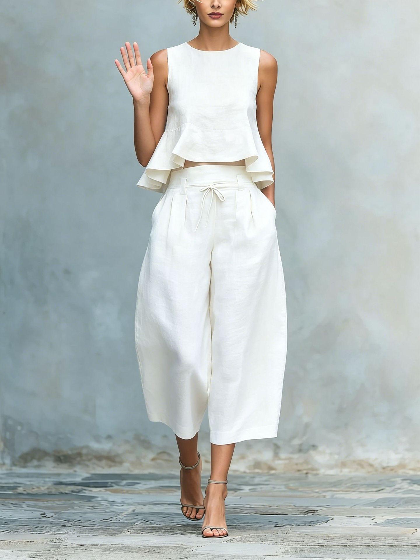 Women Sleeveless Crop Top with Ruffle Hem and High Waist Wide Leg Pants Set Blue S
