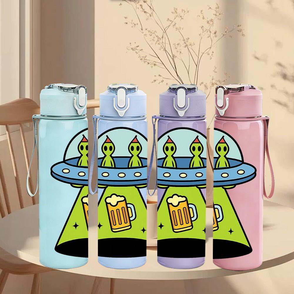 1PC UFO Alien Beer Cartoon Pattern 750ml Color Plastic Sports Water Bottle Leakproof Flip Straw Lid Suitable for Sports Office Home Use