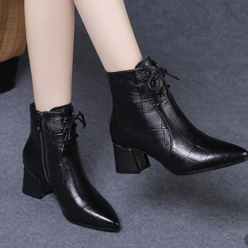 Fashion FHC Women Short Boots,Soft Ankle Botas,Autumn/Winter Shoes,Pointed toe,Thick Heel,Side Zip,Front Laces.Black,Brown,Dropshipping