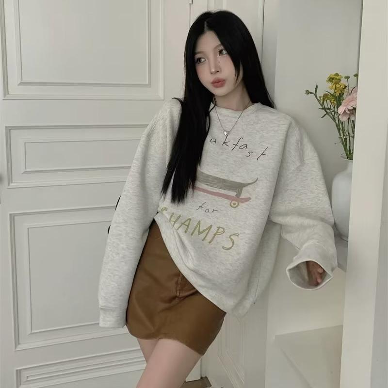 Women Cartoon Print Sweatshirt Casual Long Sleeve Crewneck Pullover Tops Loose Sweatshirts Letters Printed Hoody